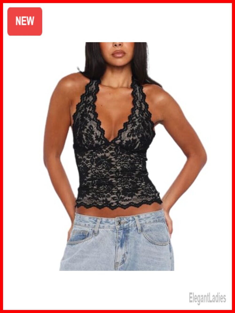 Lace Halter Crop Tank Top Sleeveless V Neck Sheer Mesh Backless Camisole
